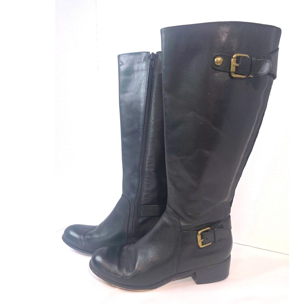 Corso Como Francine Black Leather Riding Boots Knee High Buckle Detail Size 8.5